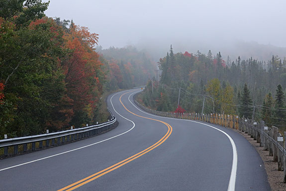 Foggy morning approaching the West Gate along Highway 60 in Algonquin Park on September 23, 2025 (click to enlarge). Foggy morning approaching the West Gate along Highway 60 in Algonquin Park on September 23, 2025 (click to enlarge).