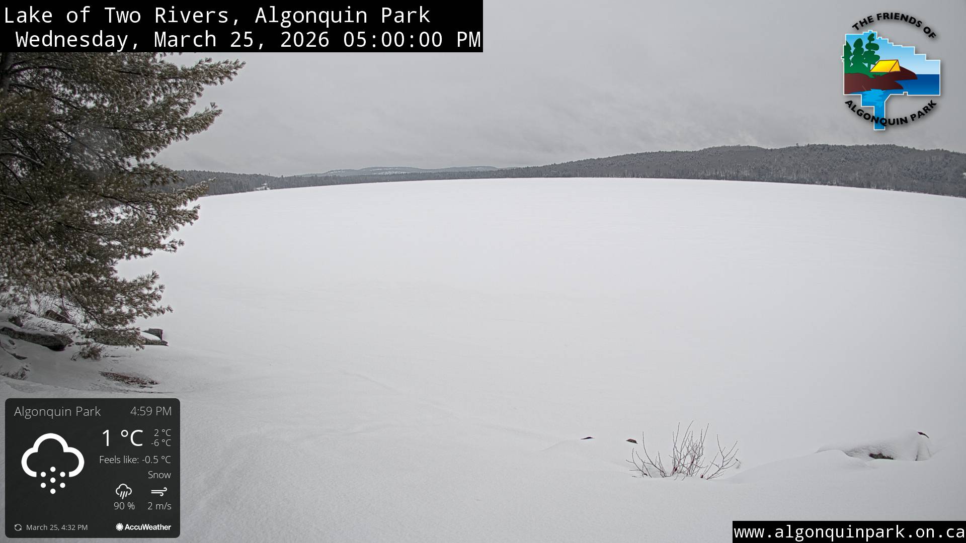 Image: Lake of Two Rivers in Algonquin Park on March 25, 2026 (click to enlarge). Image: Lake of Two Rivers in Algonquin Park on March 25, 2026 (click to enlarge).