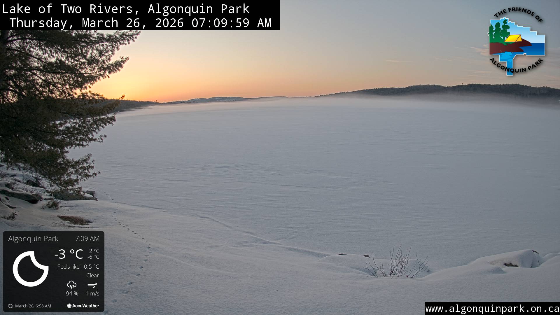 Image: Lake of Two Rivers in Algonquin Park on March 26, 2026 (click to enlarge). Image: Lake of Two Rivers in Algonquin Park on March 26, 2026 (click to enlarge).