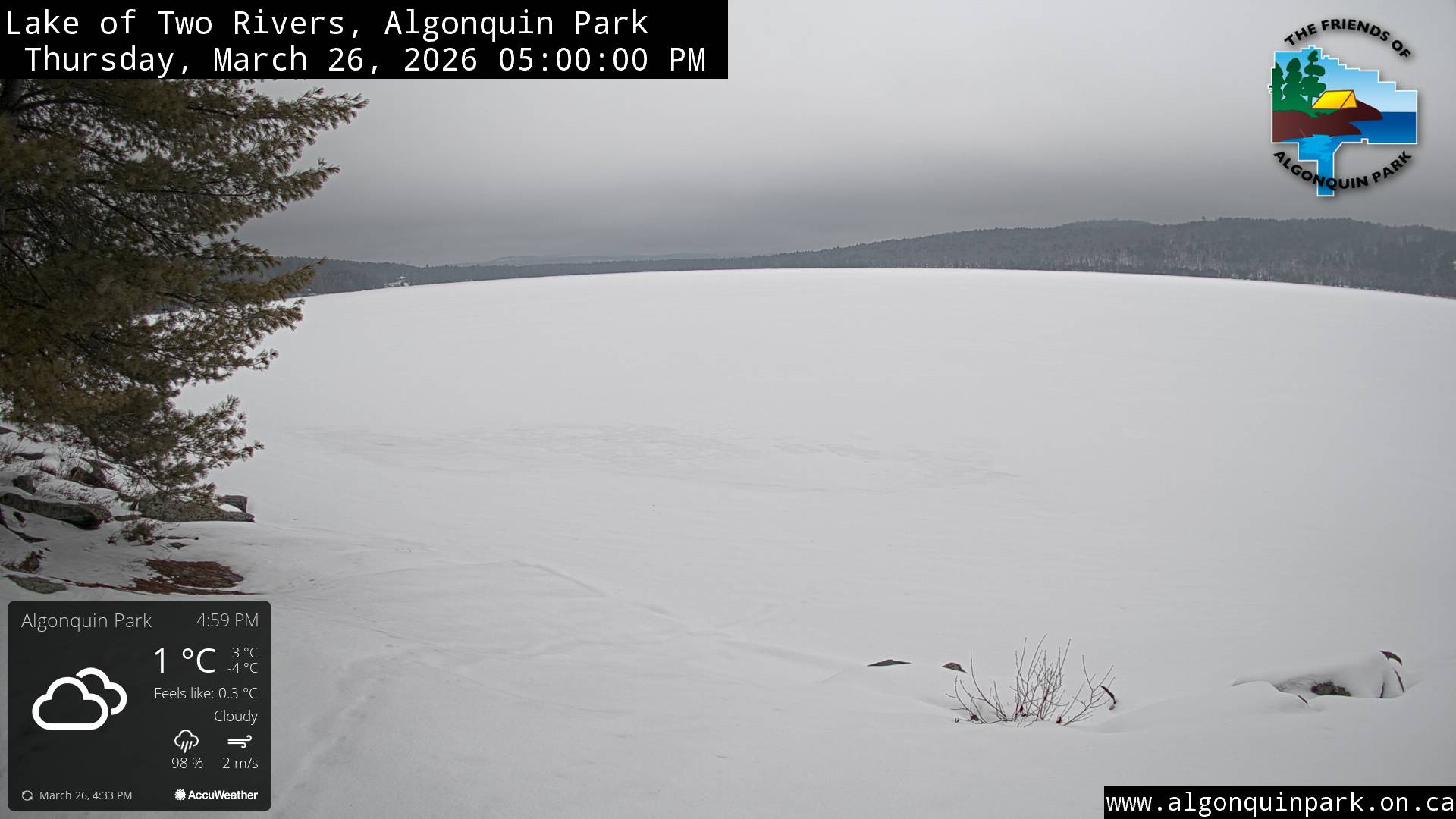 Image: Lake of Two Rivers in Algonquin Park on March 26, 2026 (click to enlarge). Image: Lake of Two Rivers in Algonquin Park on March 26, 2026 (click to enlarge).