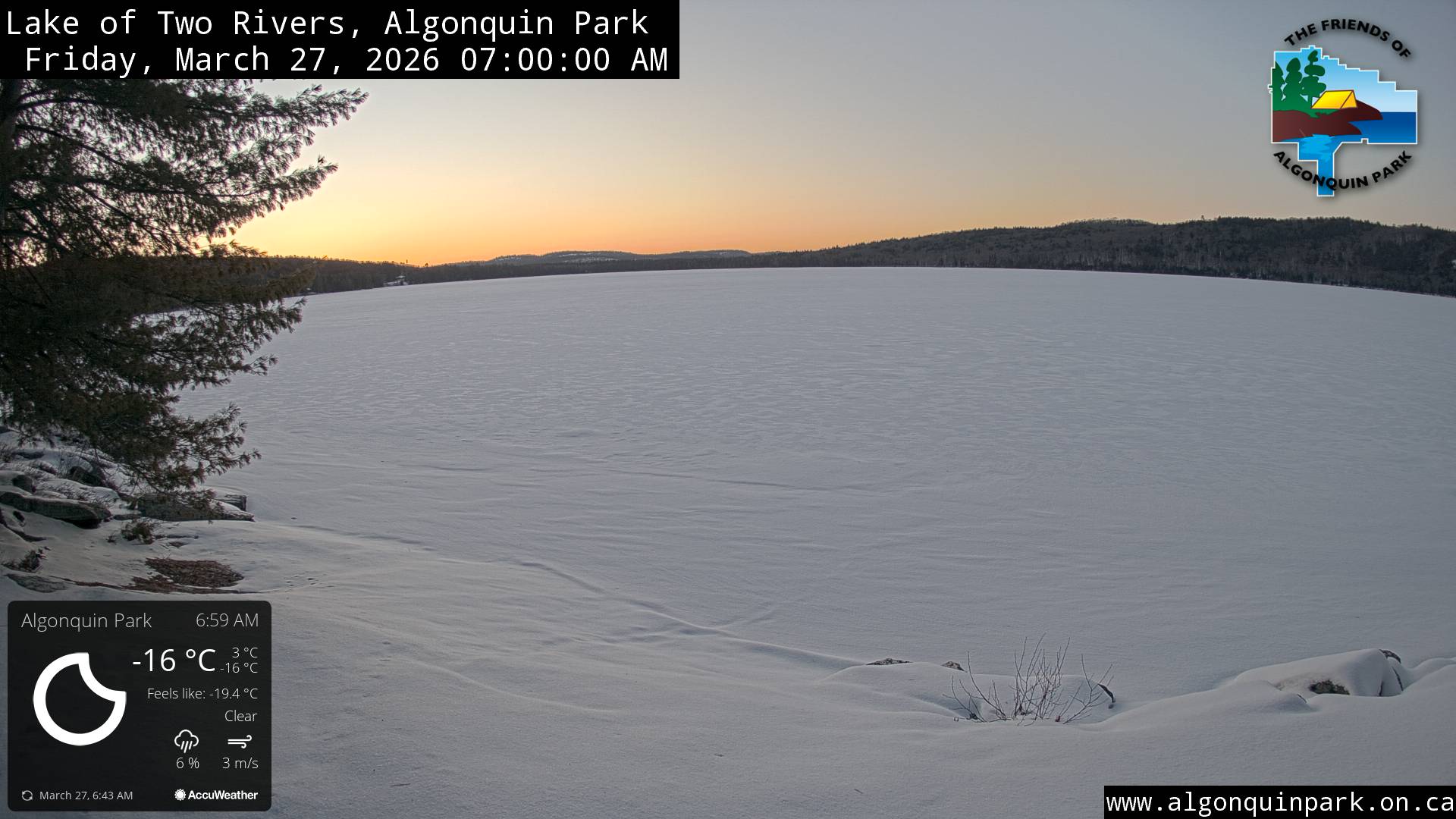 Image: Lake of Two Rivers in Algonquin Park on March 27, 2026 (click to enlarge). Image: Lake of Two Rivers in Algonquin Park on March 27, 2026 (click to enlarge).