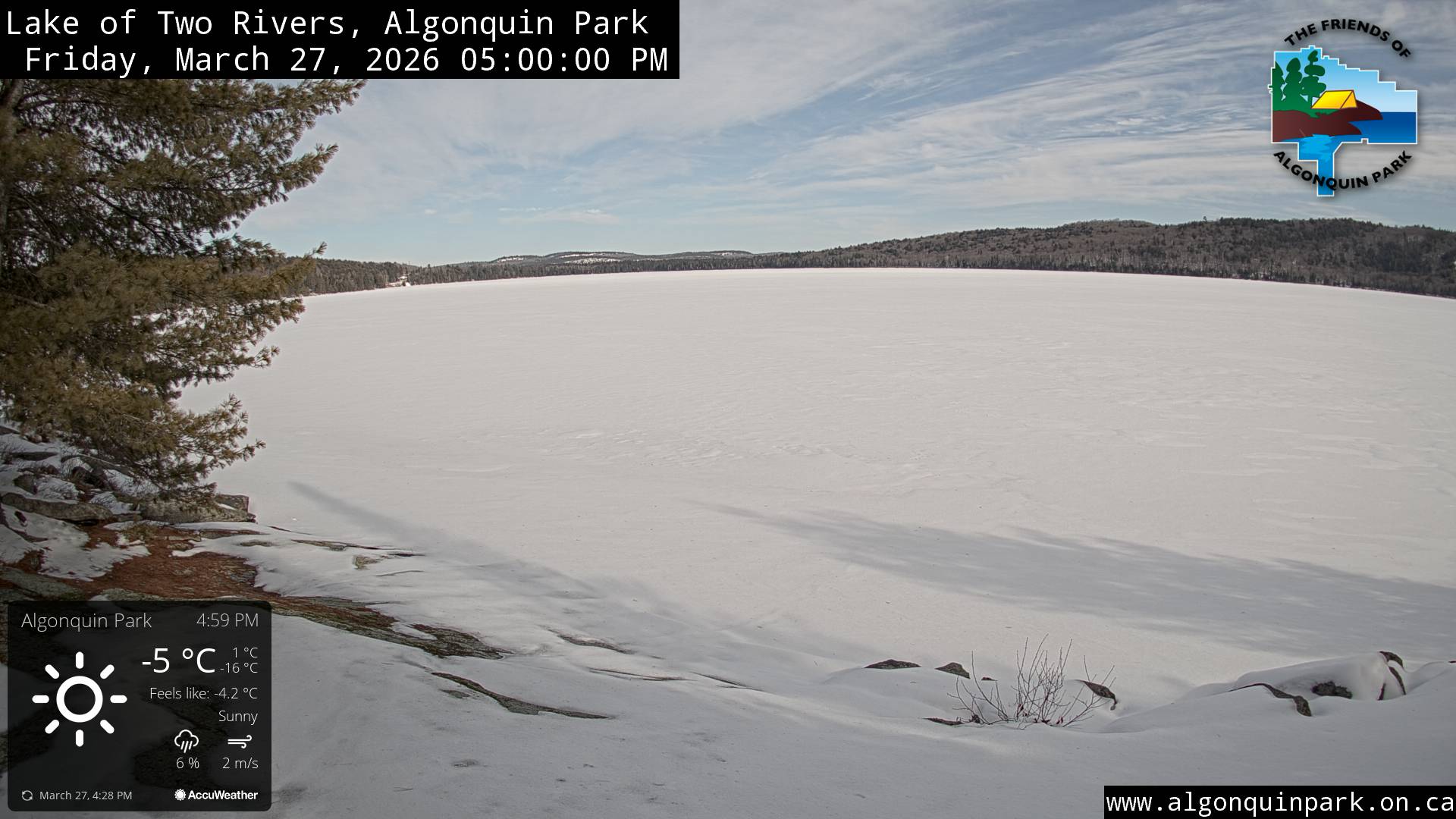 Image: Lake of Two Rivers in Algonquin Park on March 25, 2026 (click to enlarge). Image: Lake of Two Rivers in Algonquin Park on March 25, 2026 (click to enlarge).