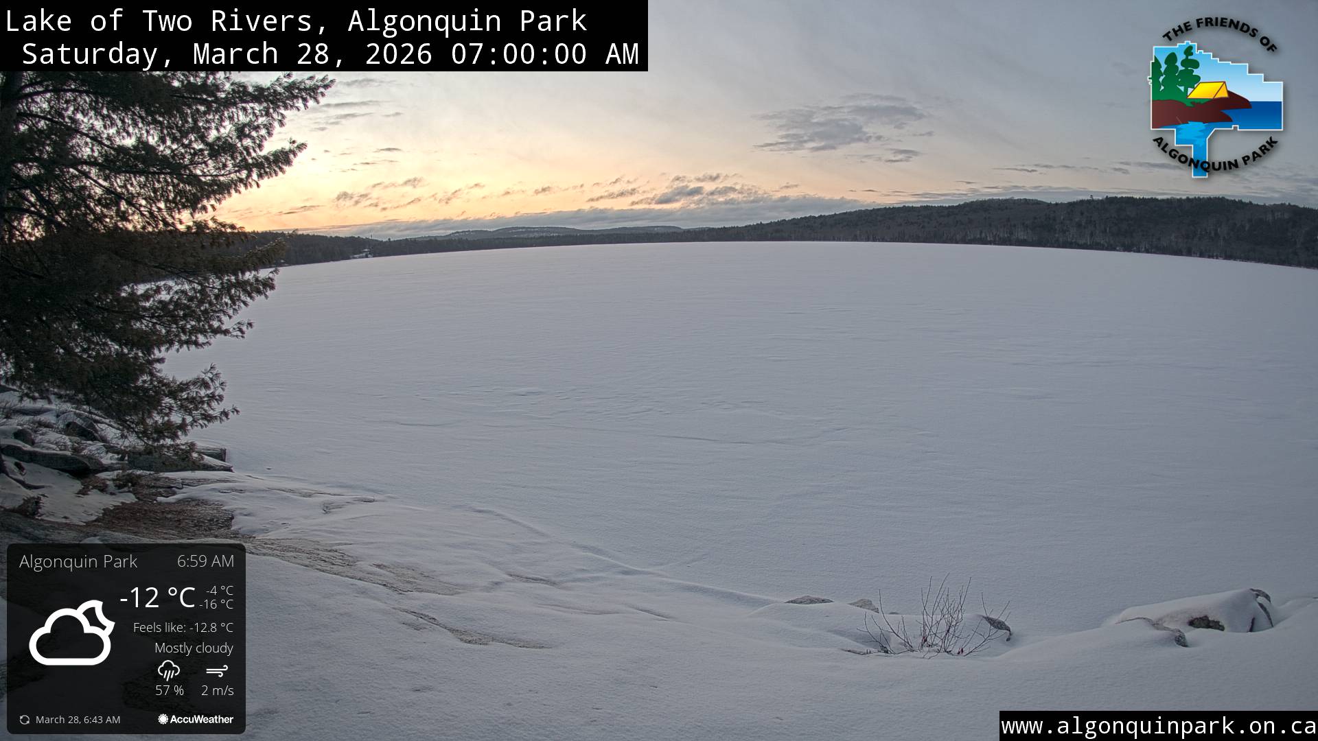 Image: Lake of Two Rivers in Algonquin Park on March 28, 2026 (click to enlarge). Image: Lake of Two Rivers in Algonquin Park on March 28, 2026 (click to enlarge).