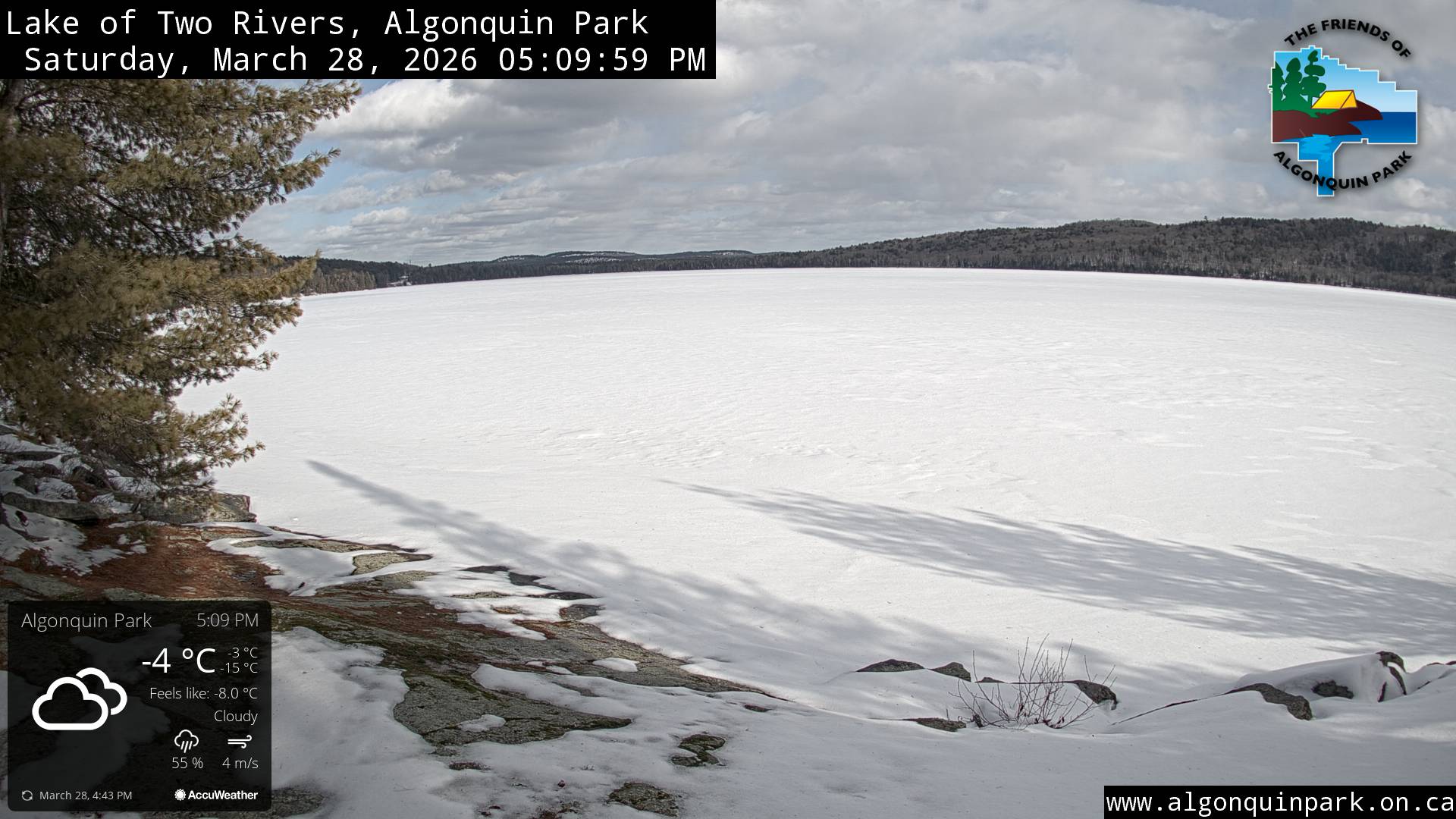 Image: Lake of Two Rivers in Algonquin Park on March 28, 2026 (click to enlarge). Image: Lake of Two Rivers in Algonquin Park on March 25, 2026 (click to enlarge).