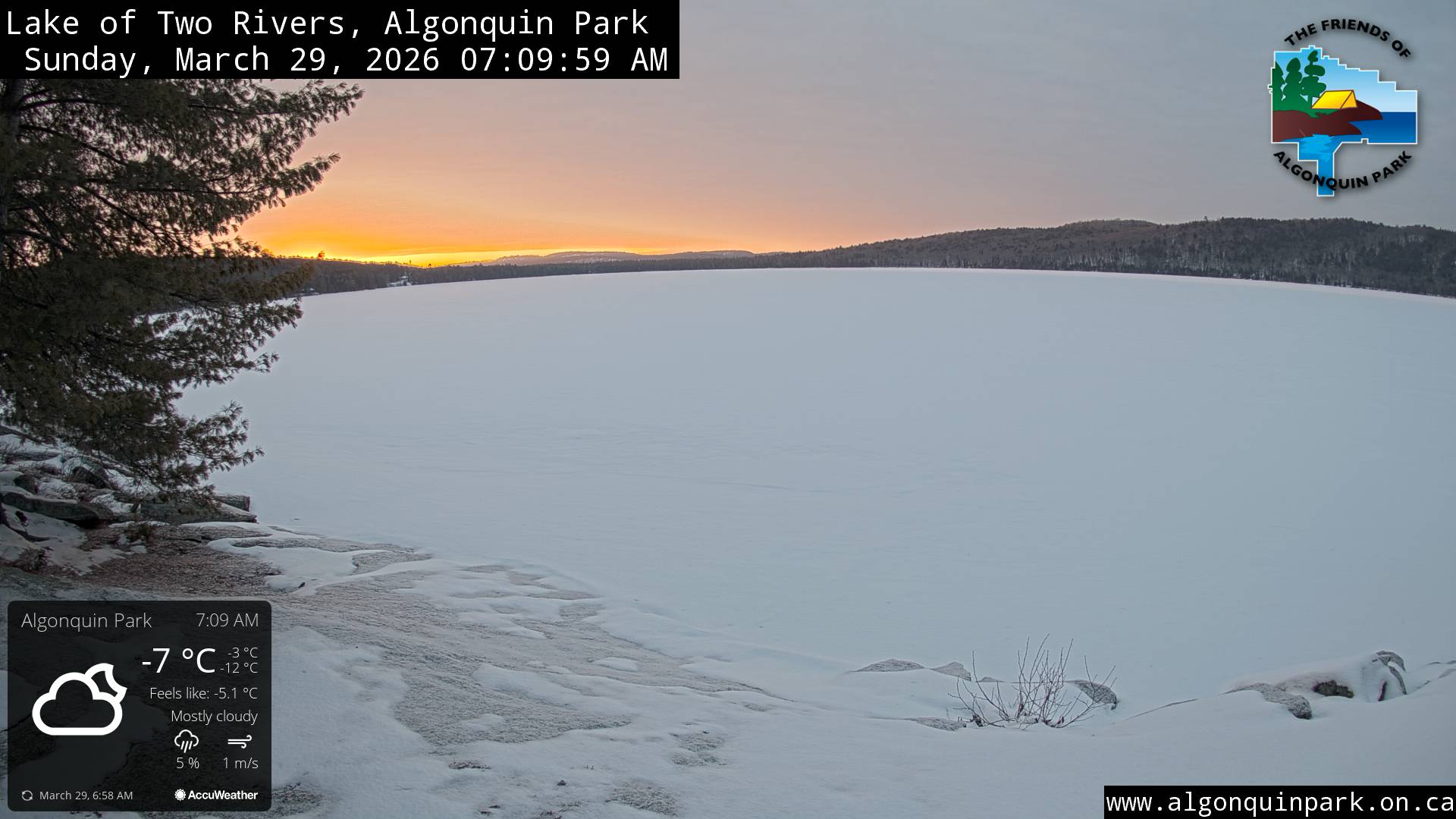 Image: Lake of Two Rivers in Algonquin Park on March 29, 2026 (click to enlarge). Image: Lake of Two Rivers in Algonquin Park on March 29, 2026 (click to enlarge).