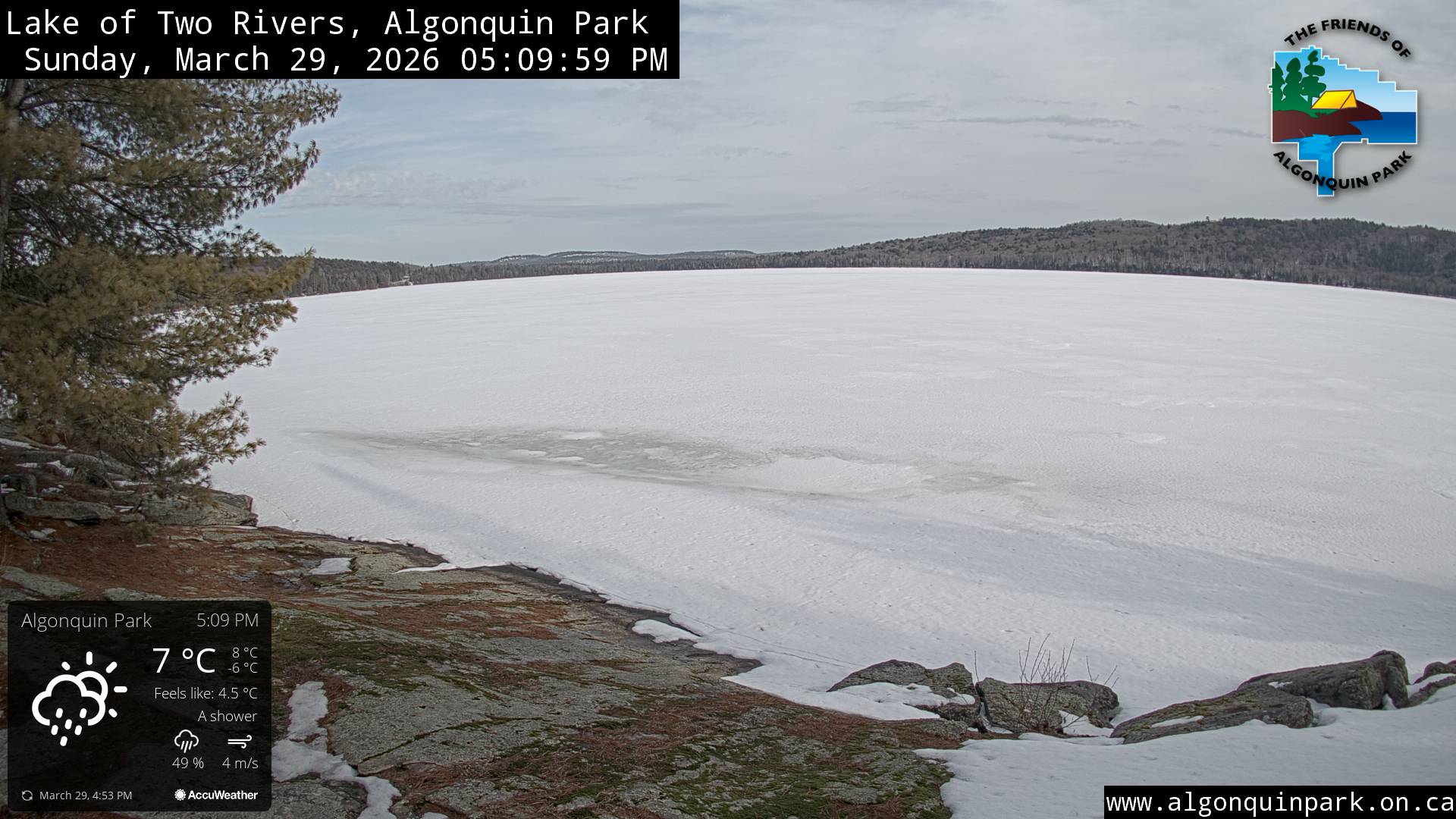 Image: Lake of Two Rivers in Algonquin Park on March 29, 2026 (click to enlarge). Image: Lake of Two Rivers in Algonquin Park on March 29, 2026 (click to enlarge).