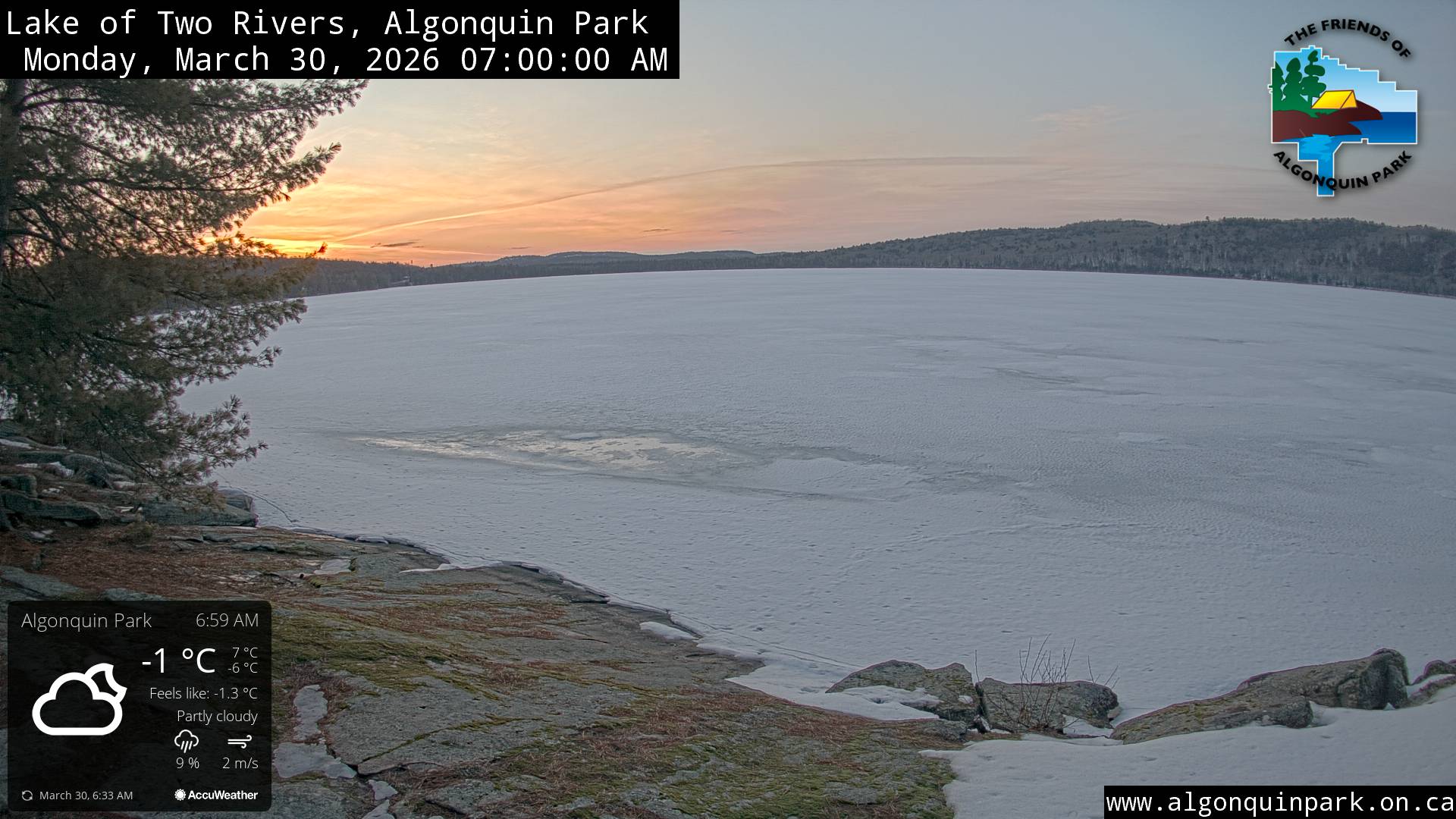 Image: Lake of Two Rivers in Algonquin Park on March 30, 2026 (click to enlarge). Image: Lake of Two Rivers in Algonquin Park on March 30, 2026 (click to enlarge).