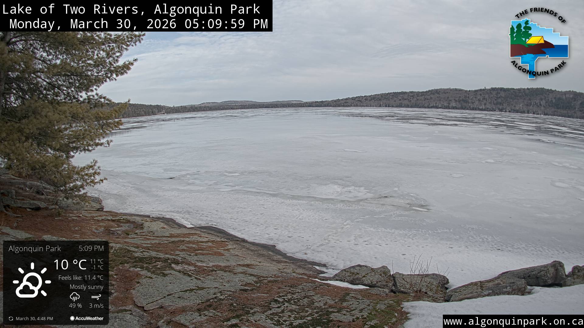 Image: Lake of Two Rivers in Algonquin Park on March 30, 2026 (click to enlarge). Image: Lake of Two Rivers in Algonquin Park on March 30, 2026 (click to enlarge).