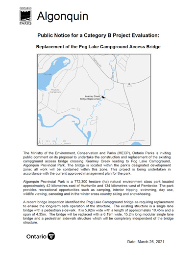 Public Notice for a Category B Project Evaluation: Replacement of the Pog Lake Campground Access Bridge
