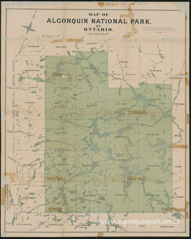 Map of Algonquin National Park of Ontario, 1893. "Prepared to accompany Report of Park Commissioners to the Honorable A.S. Hardy, Commissioner of Crown Lands”. APPAC, 2018.9.1.