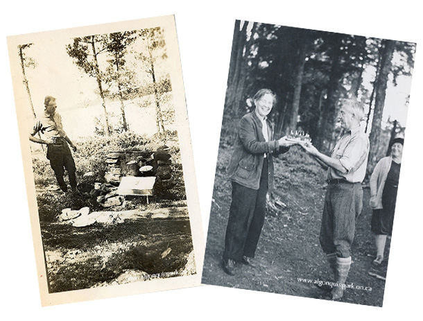 Image (left): A canoe tripper supervises the meal being cooked in the stone camp fireplace, c. 1920s – 1930s. A delightful pastry or bread must be baking in the reflector oven seen at the front of the fire. APPAC, 2002.30.65. Image (right): Mary Markworth and H.M. King celebrate their shared birthday with a cake, September 11, 1938. APPAC, 2023.28.10, H.M. King. 