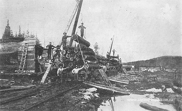 Image: Logs are being loaded onto a railcar using a steam-powered winch which is housed in the building to the left. Lake Opeongo, 1910. APPAC, APM 3298, R.J. Taylor. 