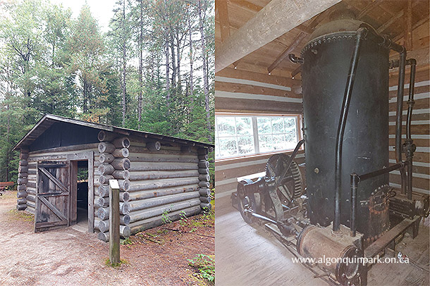 Image: Left: Log cabin at Station 16, Algonquin Logging Museum. Right: As your eyes adjust to the dim interior, a large machine towers over you – the donkey engine.
