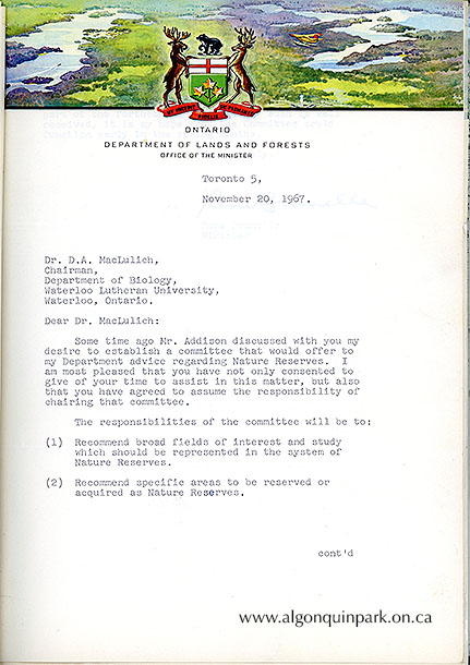 Image: Memorandum from Ontario Department of Lands and Forests to MacLulich about the advisory committee for nature reserves. This letter is written by Minister Rene Brunelle, November 20, 1967. APPAC, 1977.9.57. Donated from the Collection of Dr. Duncan A. MacLulich by daughter M.A. Capstick