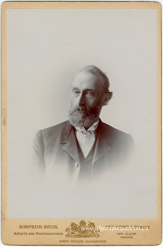 Image: With the high cost and technical expertise needed to operate early camera equipment, photograph studios provided their services to the public. This portrait of Peter Thomson, Algonquin Park’s first Superintendent, was captured sometime between the 1880s and 1895 at the Simpson Bros. studio at 357 Yonge Street, Toronto, Ontario. APPAC, 1976.88.1, H.L. Flood.