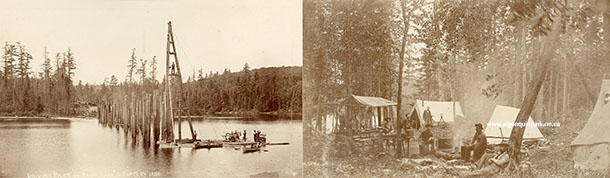 Image: Left – Men and horses work together to drive piles (posts) for a railway bridge at Rainy Lake, 1896. APPAC, 1976.86.1.45, Photographed by John Walter Le Breton Ross. Right – John Walter Le Breton Ross leans against a tree in the foreground with the rest of the survey crew behind him in W.S. Cranston's Camp No. 1 at Cache Lake, 1895. APPAC, 1976.86.1.31, Photographed by John Walter Le Breton Ross. 