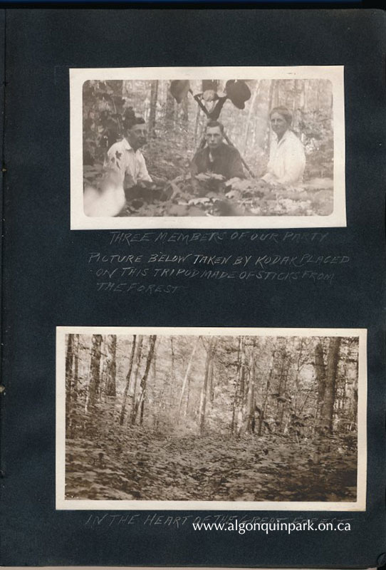 Image: Scrapbook page from album titled “1916 Vacation Scenes Rock Lake, Canada” belonging to Park Ranger Steve Waters. The top image shows three party members sitting in front of a stick tripod with a Brownie camera perched on top. The image below of the forest was taken from this tripod contraption. APPAC, 1998.8.39, From the Collection of Stephen James Waters and Mrs. Albert (Patricia Ware) Swann. 