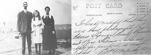 Image: Front and reverse of postcard used by the Thomas family to apply for passports to England, in 1920. Edwin and Emily Thomas lived with their daughter Rose at Canoe Lake. APPAC, 1972.3.32-33, Thomas and Wilkinson. 