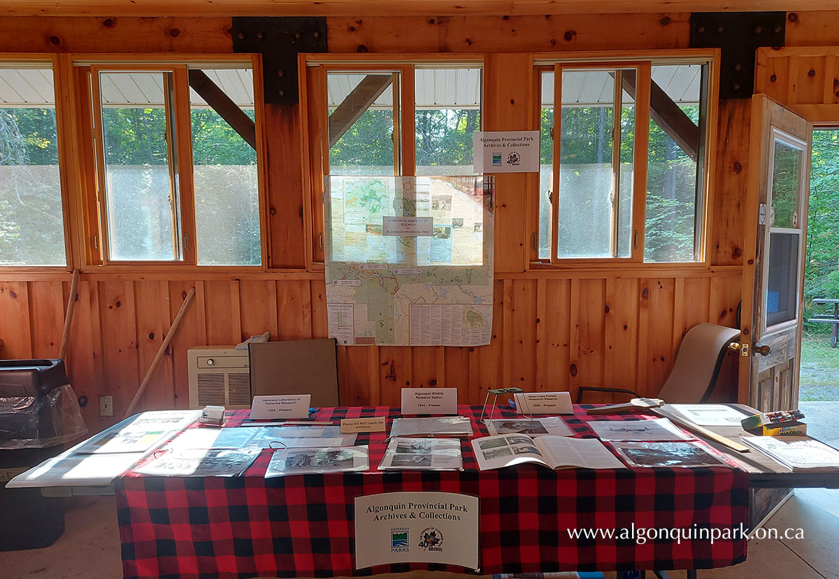 APPAC table at Meet the Researcher Day, August 2024, East Beach Pavilion, Algonquin Park. Staff and volunteers interpret stories and objects from the APPAC at interpretive events. 