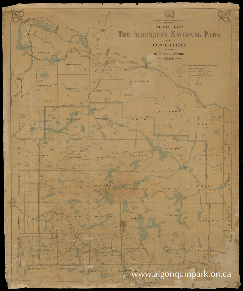 Map of Algonquin National Park of Ontario in the District of Nipissing, dated c. 1905 to 1911 by Minister and Park boundary.