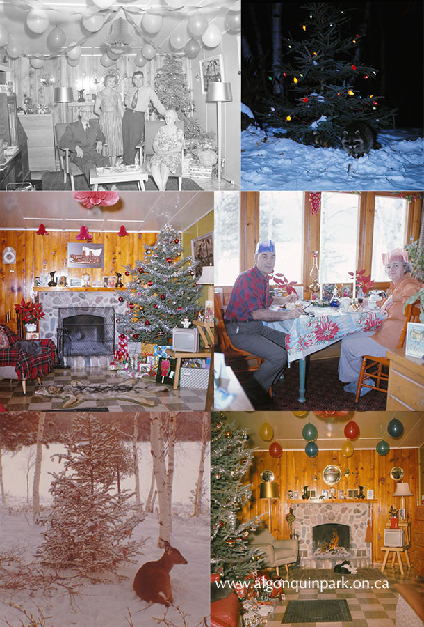 Images: Christmas memories from Kish-Kaduk Lodge, Cedar Lake, c. 1950s &ndash; 1970s. Top to bottom, left to right: Edwin Thomas, Rose Thomas, Jack Wilkinson, Emily Thomas; a raccoon under a decorated tree; Christmas decorations; Jack Wilkinson and Rose Thomas wearing festive hats at a holiday meal; a deer lying down beside a decorated tree; a cat lounges by the fireplace surrounded by Christmas decorations. APPAC, 1972.3.235.11; 1972.3.110.118; 1972.3.110.109; 1972.3.110.113; 1972.3.143; 1972.3.111.102, Thomas and Wilkinson Collection.