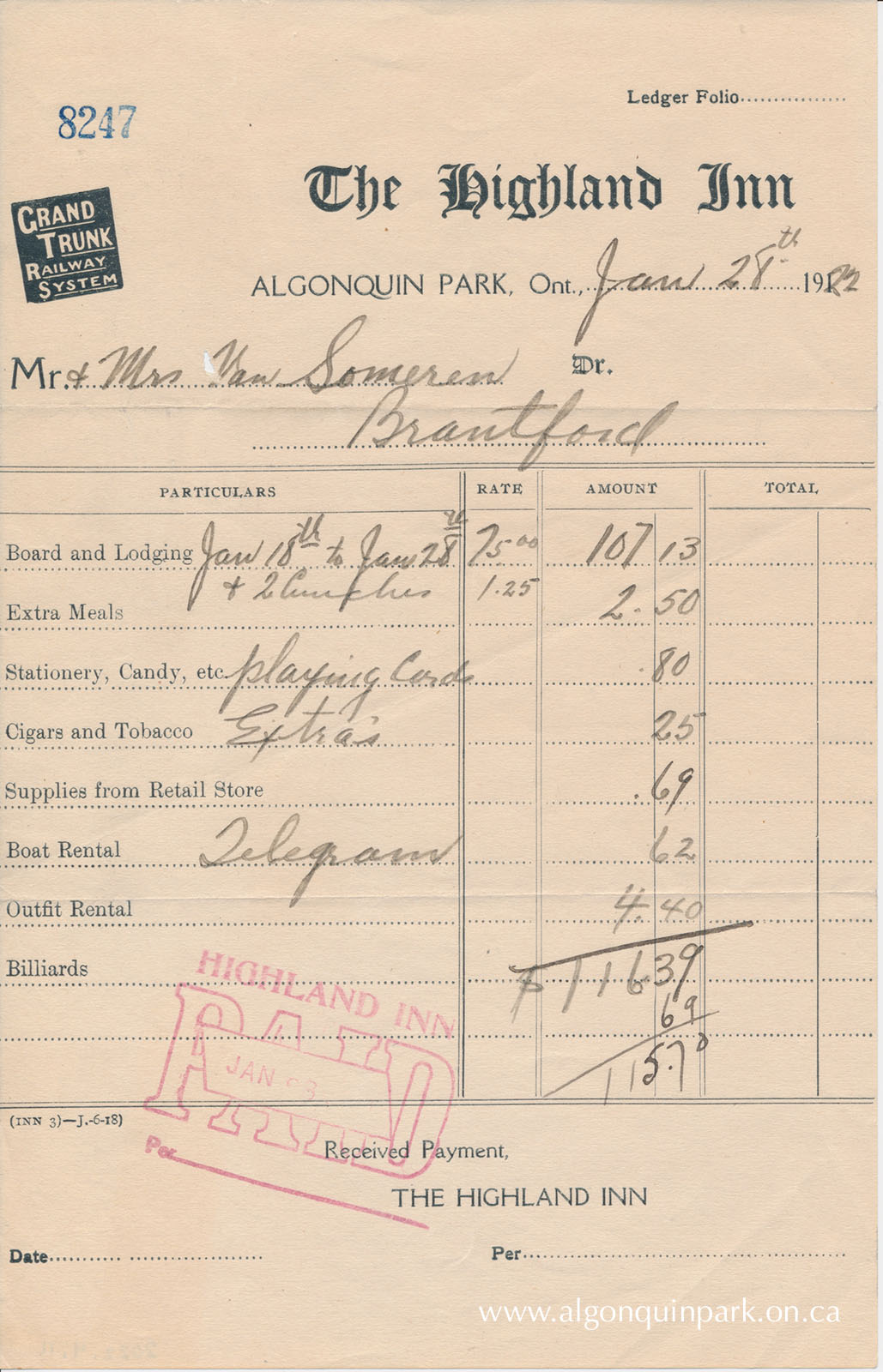 The Highland Inn bill issued to Mr. and Mrs. vanSomeren for their stay from January 18th to January 28th, 1922. The paper is stamped PAID. APPAC, 2022.4.11. Donated by Pam Garratt Dunlop on behalf of the vanSomeren Family. 
