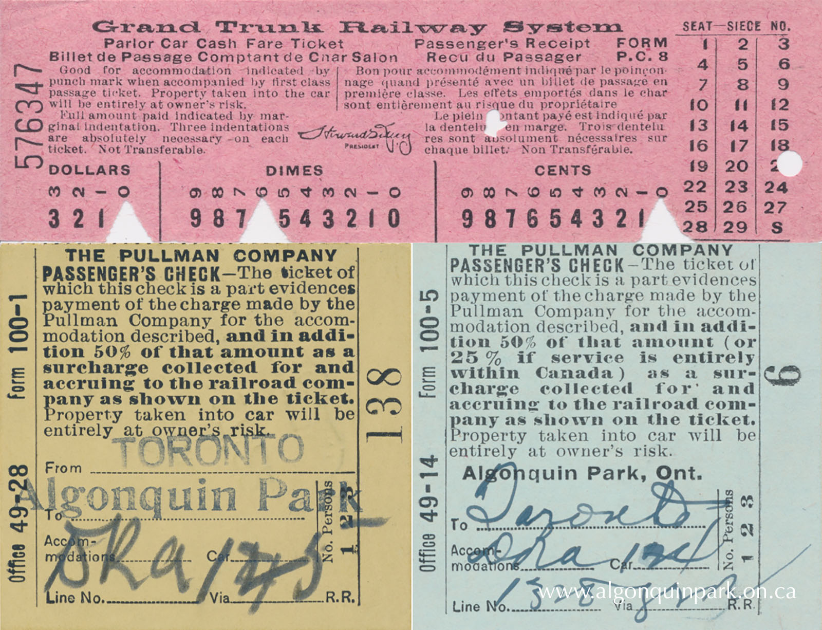 Ticket stubs from the vanSomeren’s travel on the Grand Trunk Railway System from Toronto, Ontario to Algonquin Park, January 17th and return on January 28th, 1922. APPAC, 2022.4.7, 9, 10. Donated by Pam Garratt Dunlop on behalf of the vanSomeren Family.