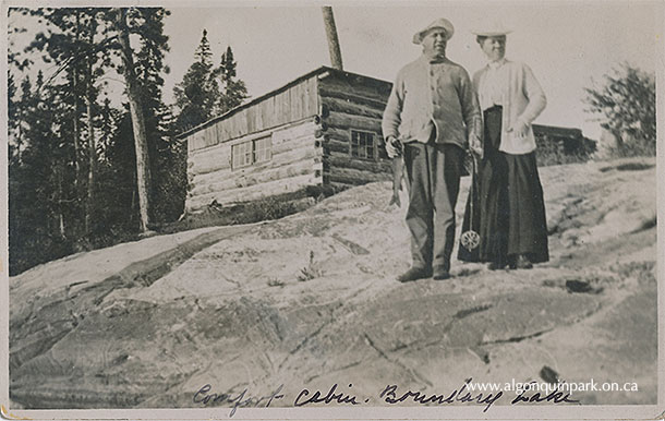 Postmarked postcard sent to Miss Lottie Green from Ranger William Hughes; reverse message written October 16, 1910. The image is captioned “Comfort cabin. Boundary Lake”. Boundary Lake is now known as Harness Lake and is located west of Rock Lake. The lake was previously named for its location on the southern boundary of the Park, as it was at that time. APPAC, 2021.18.89. Estate of Janet Ivel (Hughes) Gurr.