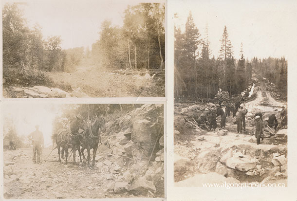 “The explosion”; the blurred appearance of the image is likely the resulting debris and dust from a dynamite blast; men and horses stand on a road construction project which extends in the distance (note the pile of logs on the left bank in the background created by clearing the route of trees); J. Harrington and team of horse on a road construction project. c. 1934 – 1936. APPAC, 2021.18.52, 36, 54. Estate of Janet Ivel (Hughes) Gurr. 