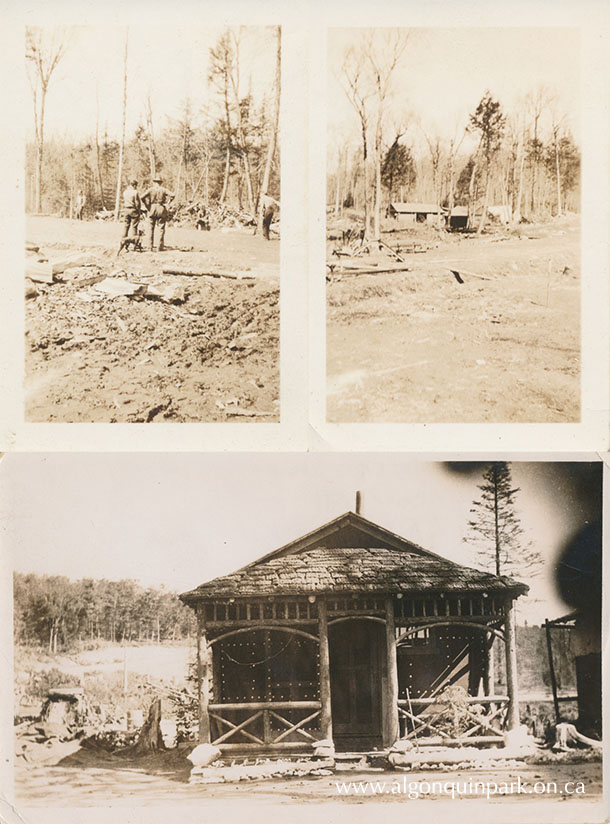Road Crew Superintendent watching a game of horseshoes (note the dog behind him); stables; Superintendent’s shack at Found Lake (note Highway 60 climbing the hill around the lake in the background). c. 1934 – 1936. APPAC, 2021.18.32, 28, 53. Estate of Janet Ivel (Hughes) Gurr. 