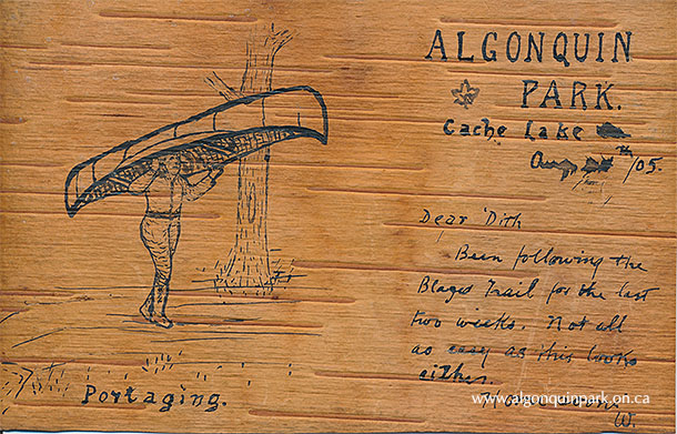 Birch bark postcard. “Portaging”, 14cm x 8.8 cm, birch bark and ink. APPAC, 2021.8.2.