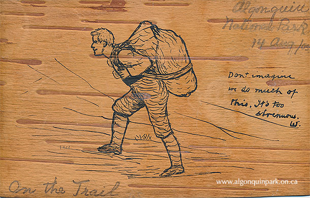 Birch bark postcard. “Portaging”, 14cm x 8.8 cm, birch bark and ink. APPAC, 2021.8.2.