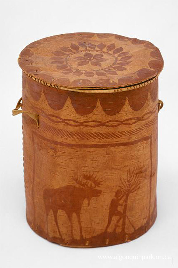 This container held by the McCord Stewart Museum illustrates the scraping technique used to decorate birch bark objects. Birch bark, spruce root (?), wood and hide box made by the Atikamekw Peoples of Quebec, Canada, 1900-1950, McCord Stewart Museum, ME986.219.A-B, Gift of David M. Lank.