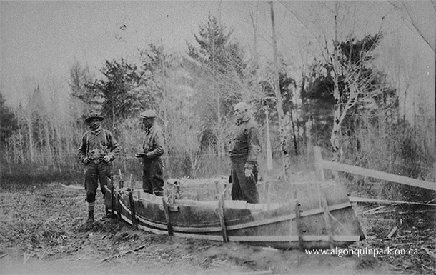 Detail of the birch bark canoe built by Chuck Commanda, Joanne Dumoulin and community partners in 2022. The canoe is on loan to the Algonquin Park Visitor Centre.