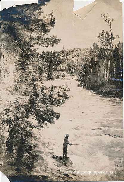 Black and white photographic print of a colour painting made of one of the photographs from V.B. Gray’s fishing trip, 1925. The painting was to hang in the Canadian National Railway’s office building in New York City. APPAC, x2024.4.1-77. 