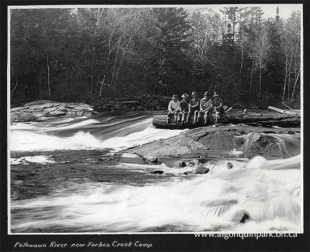 V.B. Gray and his fishing party sitting on a log overhanging the Petawawa River near their tent camp on Forbes Creek, 1925. APPAC, x2024.4.1-77. 