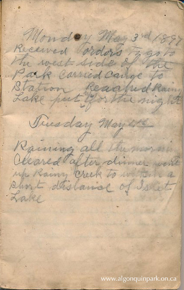 Entries from the diary of Ranger Stephen Waters, May 1897. APPAC, 1998.8.11, From the Collection of Stephen James Waters and Mrs. Albert (Patricia Ware) Swann. 