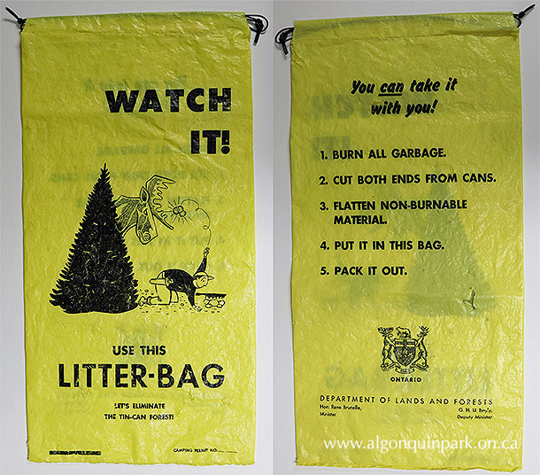 A plastic “litter-bag” with a drawstring produced by the Department of Lands and Forests. From the Minister listed, the bag dates to c. 1966 - 1972. APPAC, 2024.27.2. 