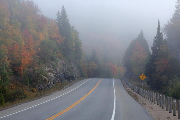 Foggy morning at km 13 of Highway 60 in Algonquin Park on September 29, 2024.