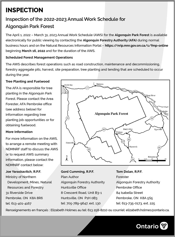 Algonquin Park Forest: Inspection of the 2022-2023 Annual Work Schedule
