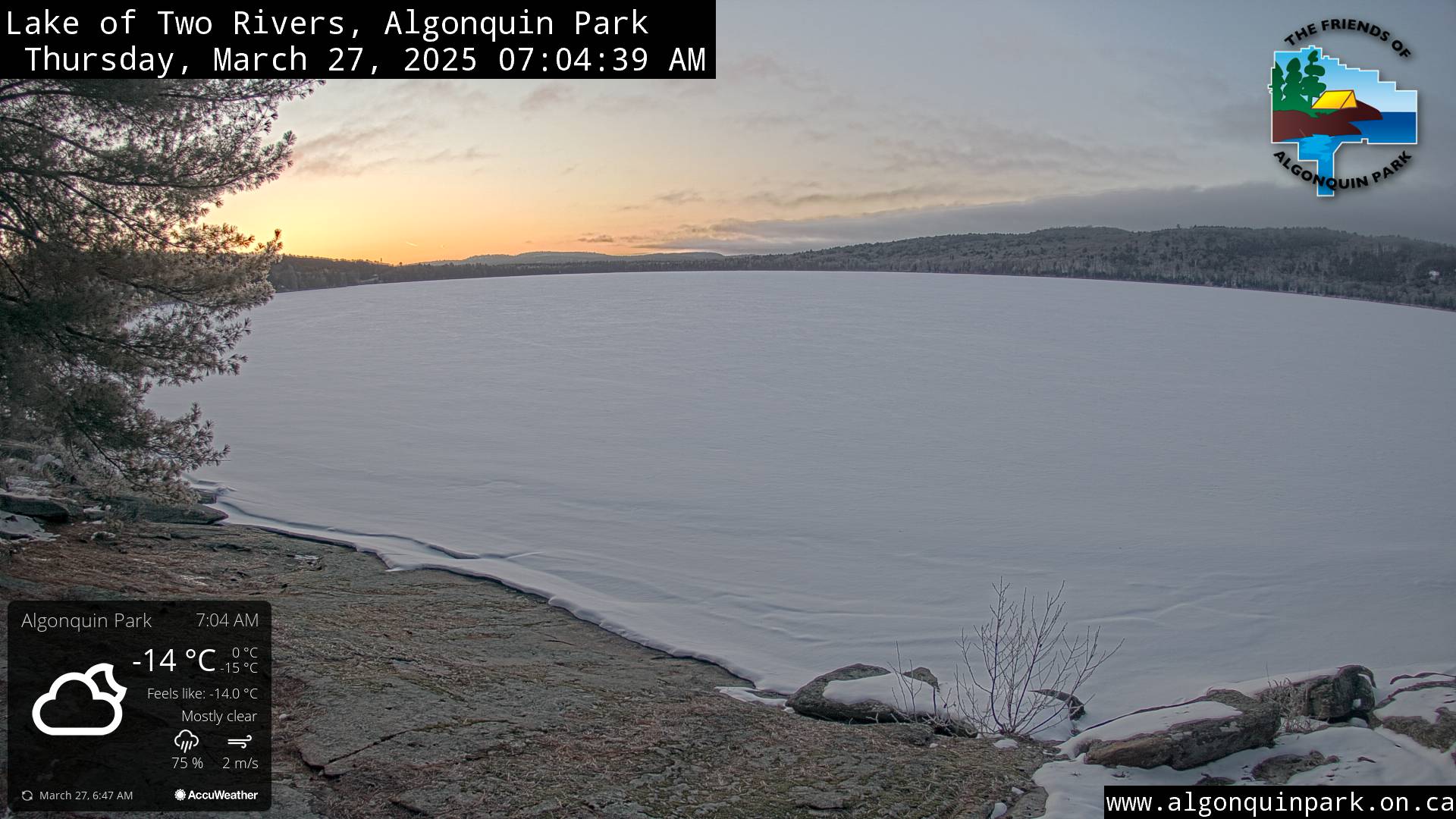 Image: Lake of Two Rivers in Algonquin Park on March 27, 2025 (click to enlarge).