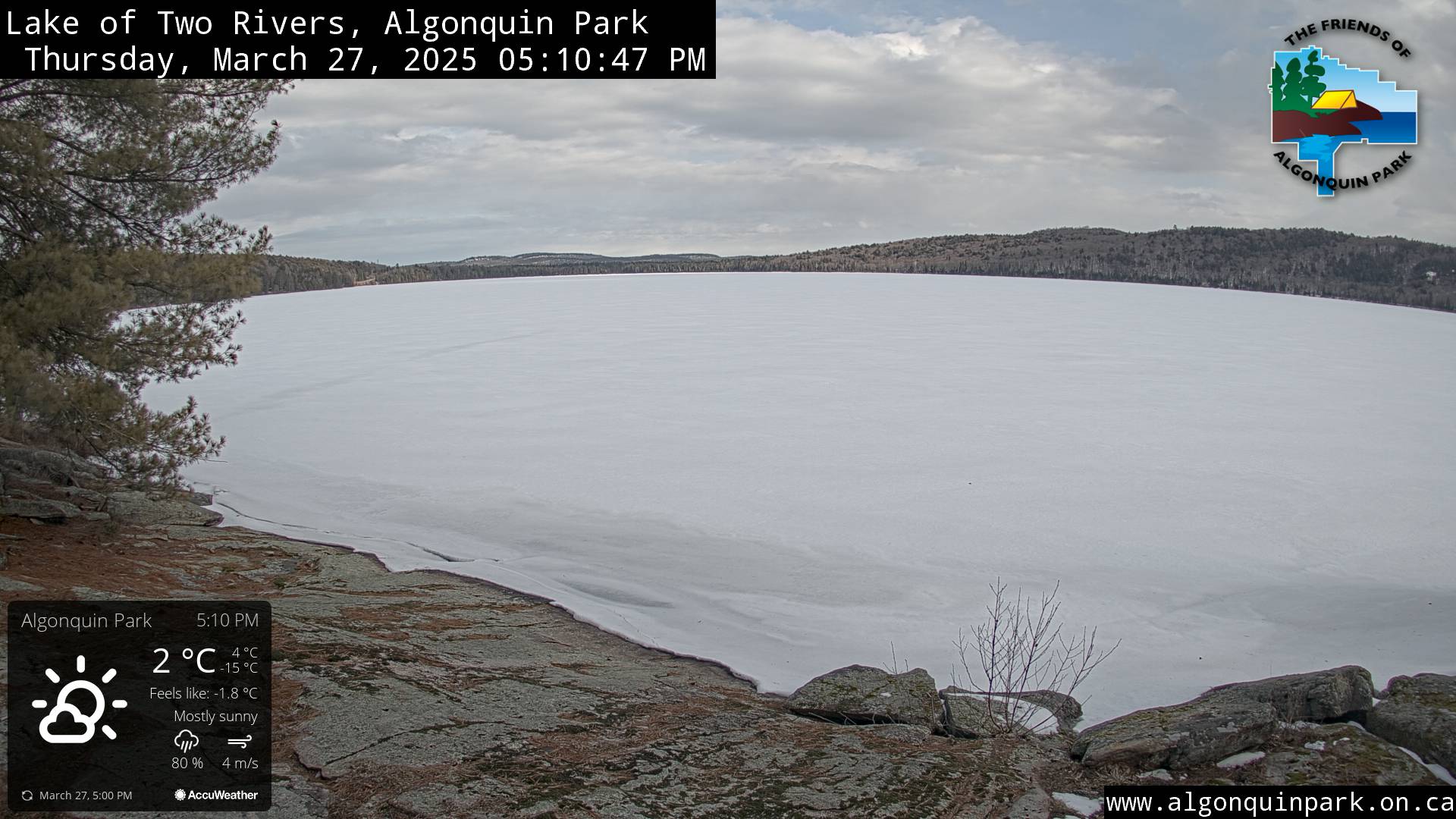 Image: Lake of Two Rivers in Algonquin Park on March 27, 2025 (click to enlarge).