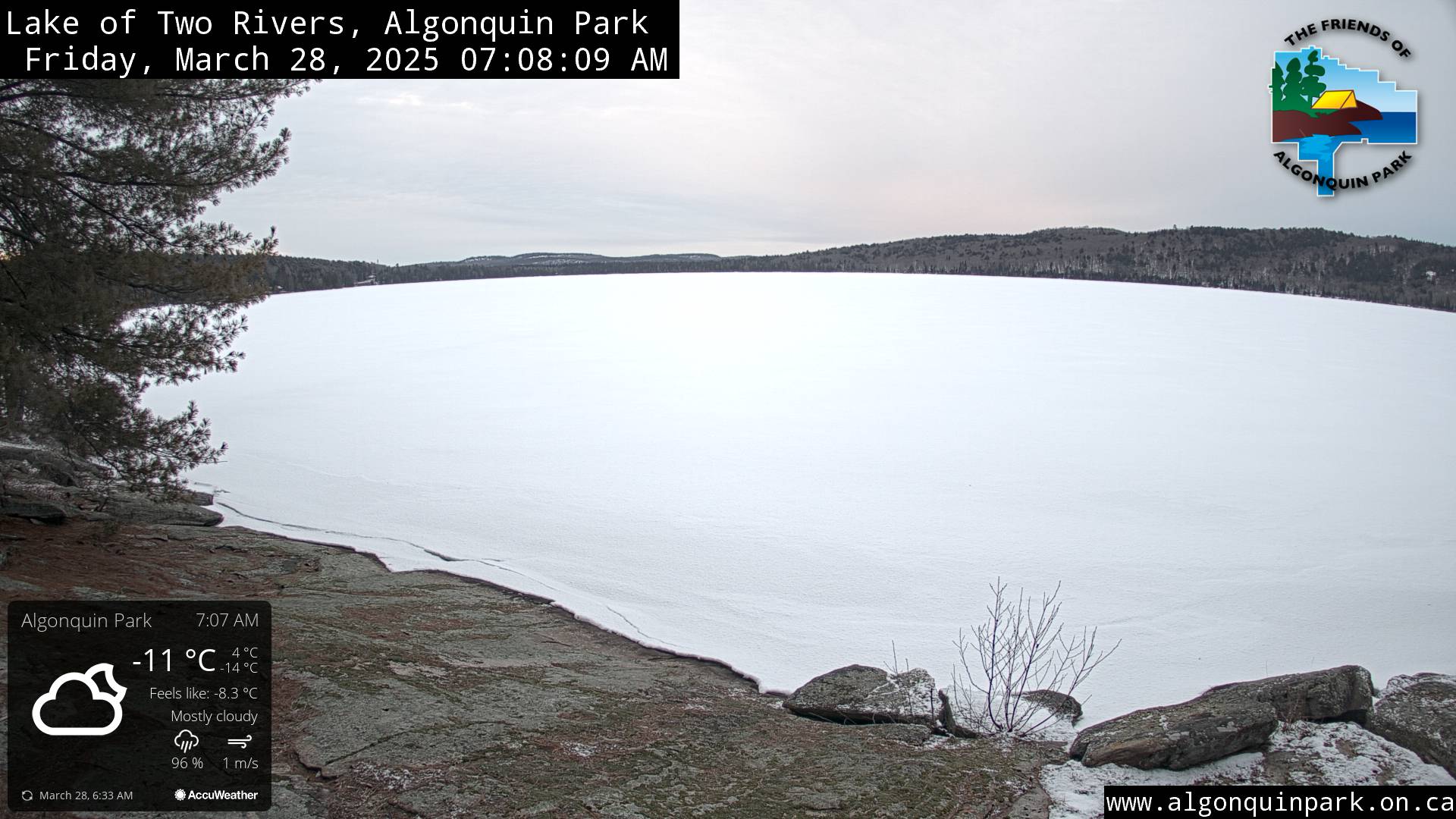Image: Lake of Two Rivers in Algonquin Park on March 28, 2025 (click to enlarge).
