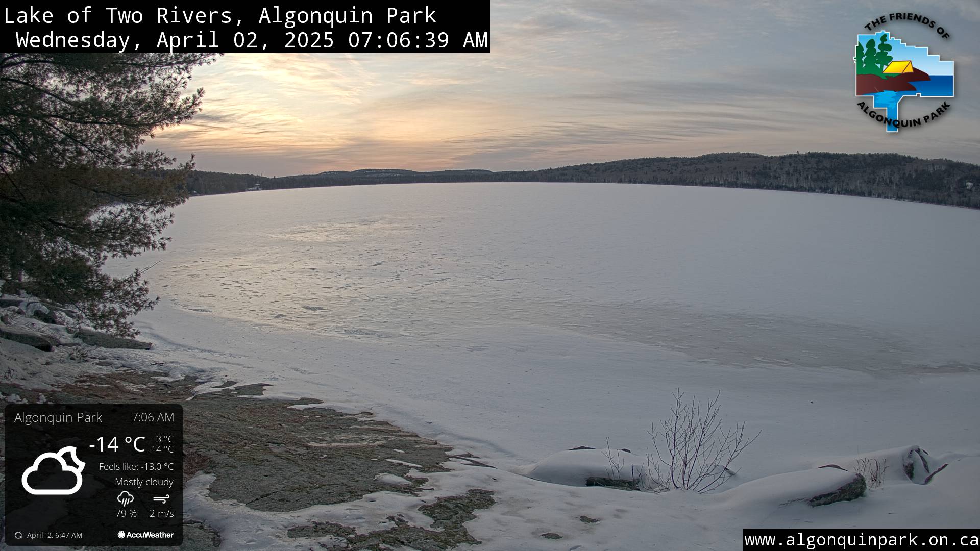 Image: Lake of Two Rivers in Algonquin Park on April 2, 2025 (click to enlarge).