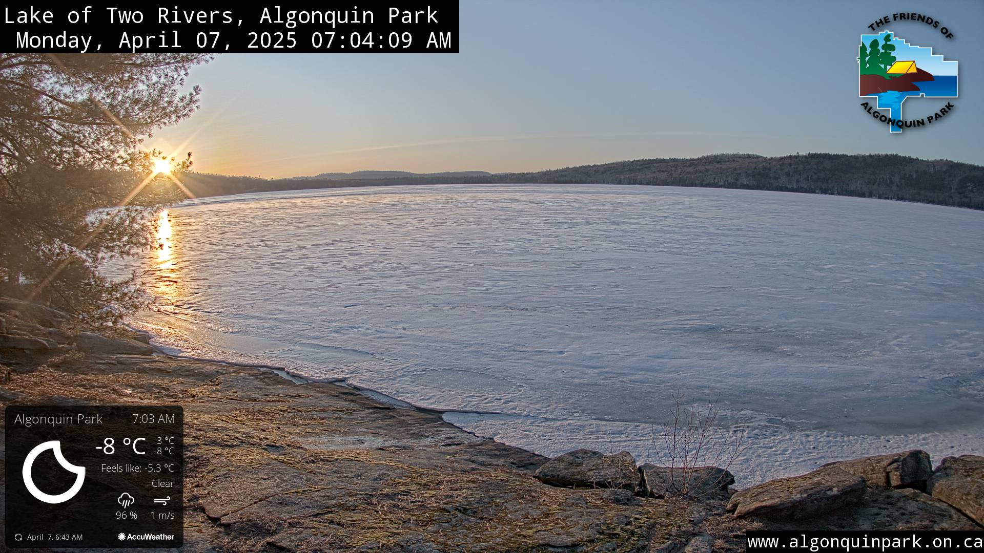 Image: Lake of Two Rivers in Algonquin Park on April 7, 2025 (click to enlarge).