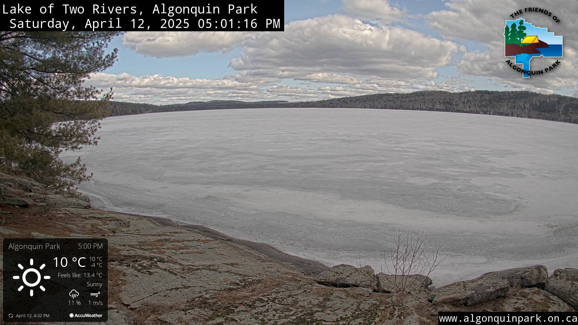 Image: Lake of Two Rivers in Algonquin Park on April 12, 2025 (click to enlarge).