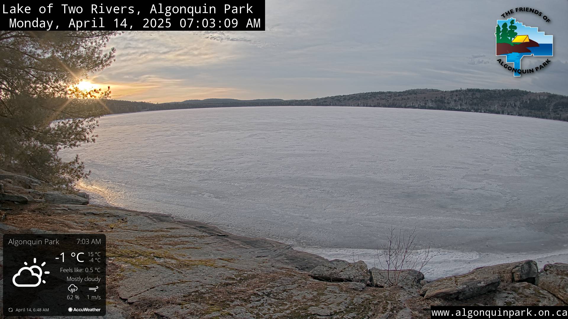 Image: Lake of Two Rivers in Algonquin Park on April 14, 2025 (click to enlarge).