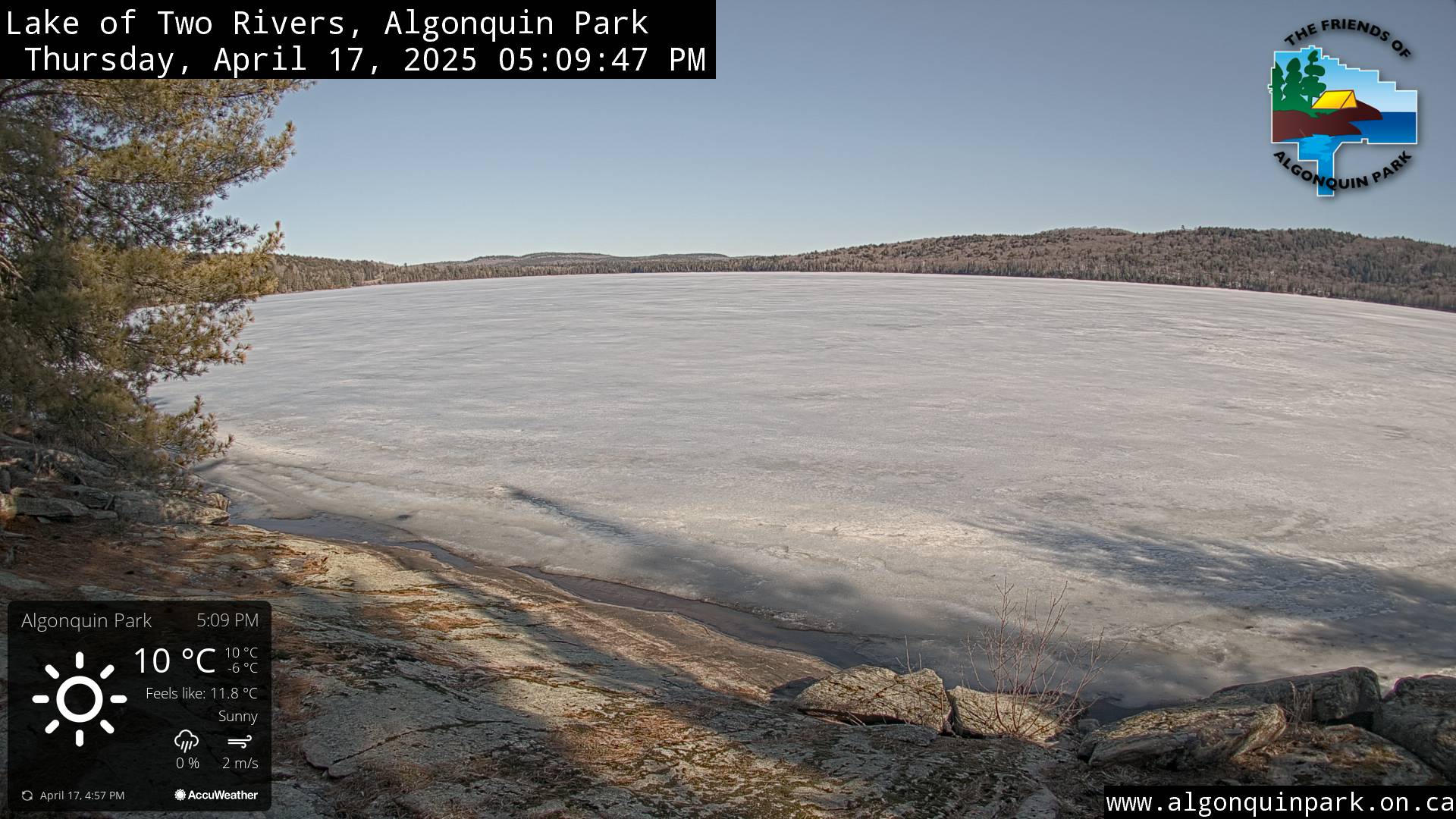 Image: Lake of Two Rivers in Algonquin Park on April 17, 2025 (click to enlarge).