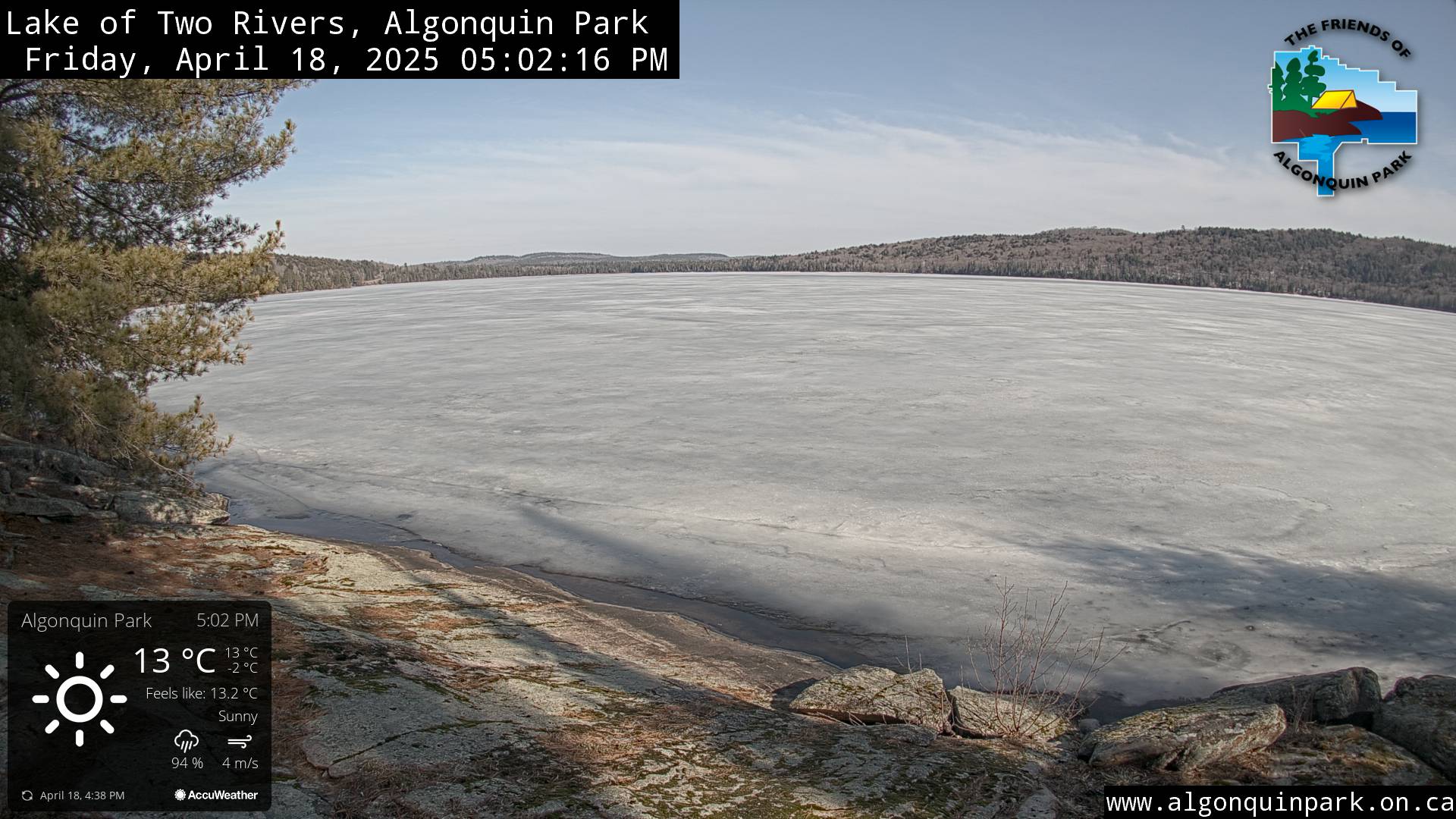 Image: Lake of Two Rivers in Algonquin Park on April 18, 2025 (click to enlarge).