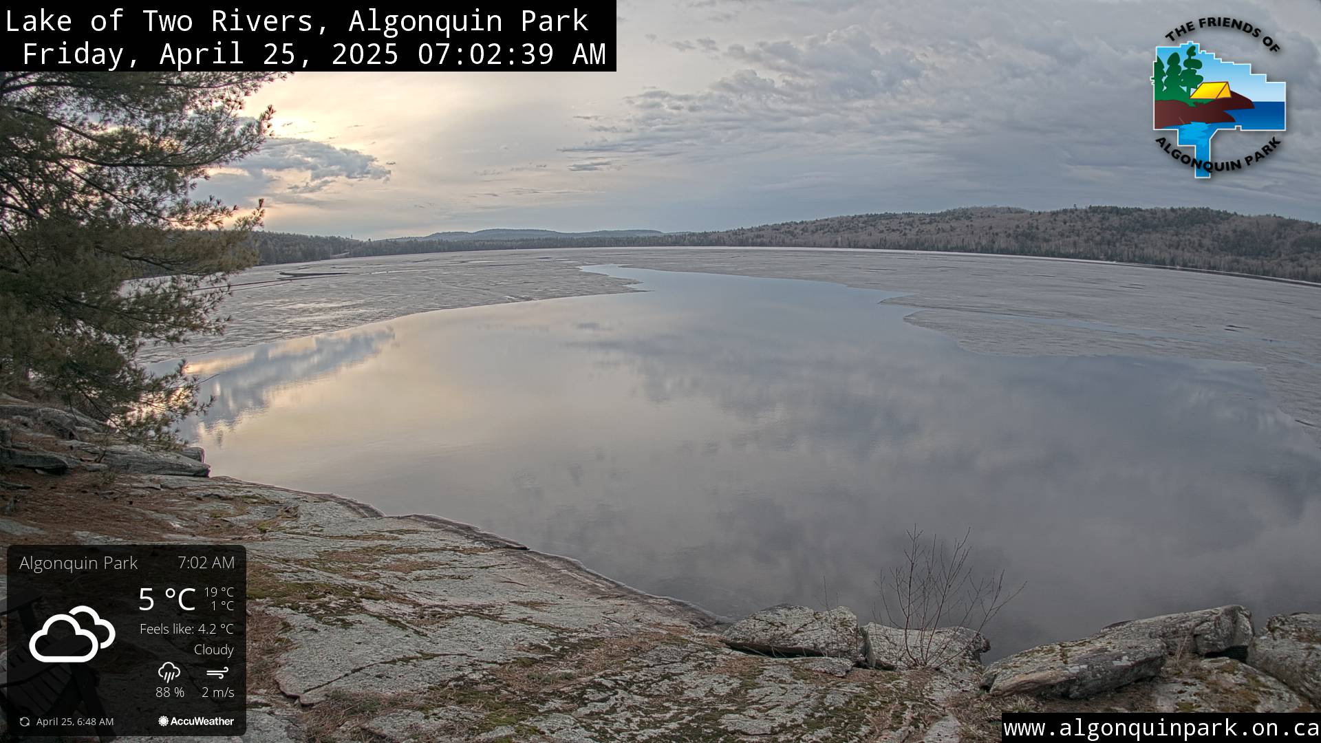 Image: Lake of Two Rivers in Algonquin Park on April 25, 2025 (click to enlarge).